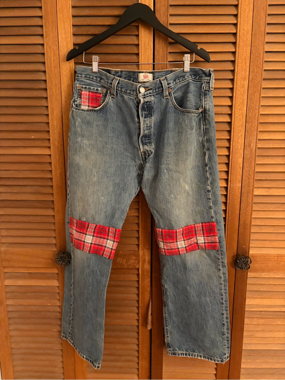 Levi's Men's Straight Jeans in Blue Denim with Red Plaid Patches
